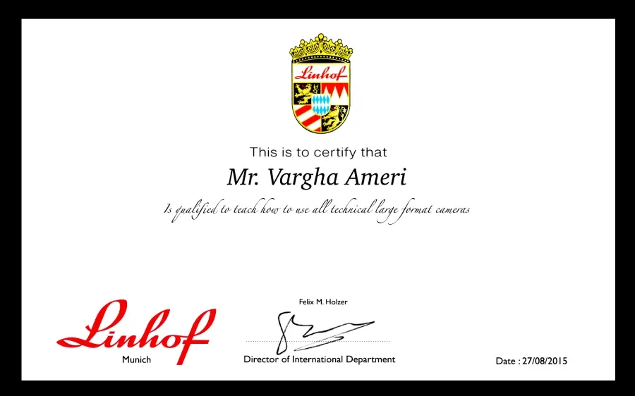 گواهی نامه ی پایان نامه ی تخصص در استفاده از دوربین های لارژ فرمت لینهوف آلمان
