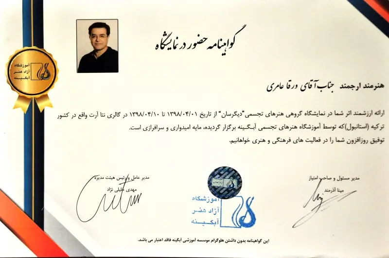 تقدیرنامه در همکاری و شرکت در گالری نتا آرت ترکیه