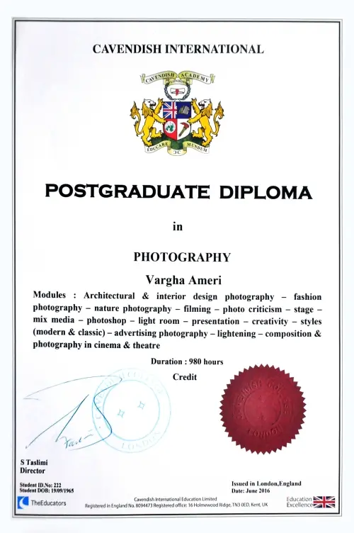 دارای مدرک تحصیلی افتخاری از Cavendish کالج انگلستان در رشته عکسبرداری پیشرفته در تمامی سطوح