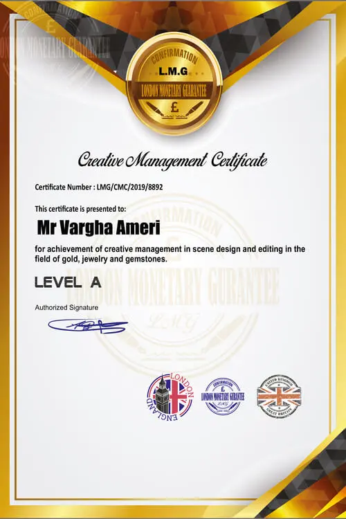گواهینامه خلاقیت در رشته طراحی صحنه عکسبرداری از طلا و جواهرات گرانبهابا ادیت تخصصی از جانب LMG Group لندن